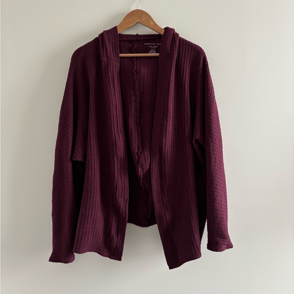 American Eagle Soft & Sexy Plush Cardigan Hooded Burgundy Waffle Knit Women’s M